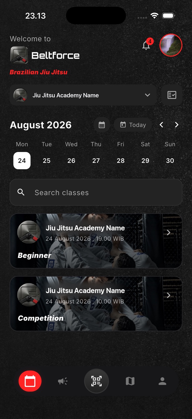 Tampilan aplikasi Beltforce — jadwal kelas